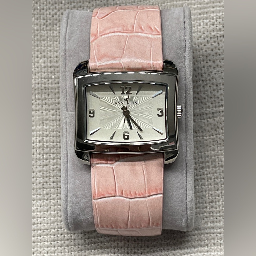 Anne Klein Silver Case Watch with Pink Croc-Embossed Strap